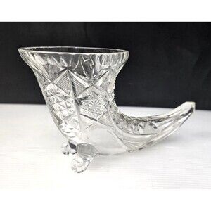 Brilliant Cut Glass Crystal Cornucopia Vase Horn of Plenty Curled Feet Clear 8.5